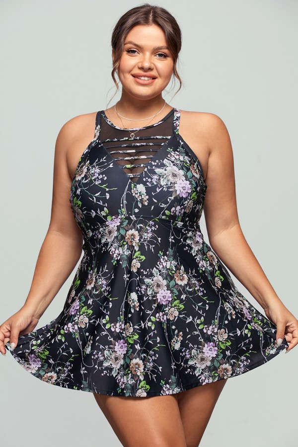 Floral Green Strappy High Neck Swimdress