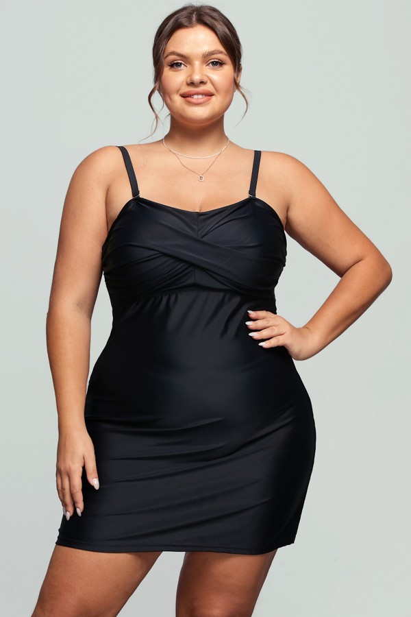 Black Twist Front Bandeau Swim Dress
