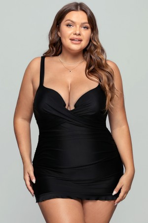 Crochet Side Slit V-Neck Cabana Black Swimdress