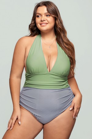 Halter Neck Retro Stripe Cute One Piece Swimwear