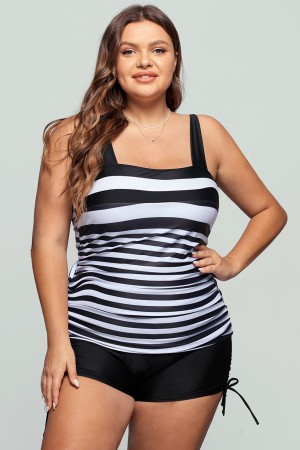 Striped Wide Strap White Tankini Set