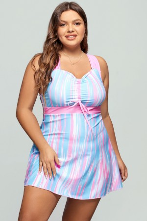 Graffiti Print Striped Light Pink Swimdress