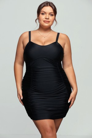 Black Underwire Ruched Retro Mid Length Swimdress