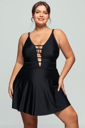 Black Strappy Plunge Long Length Swimdress