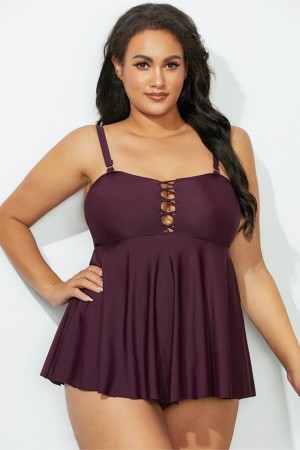 Plum Lattice Front Peplum Tankini Set