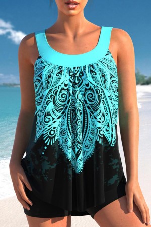 Tribal Print Wide Strap Cyan Tankini Set
