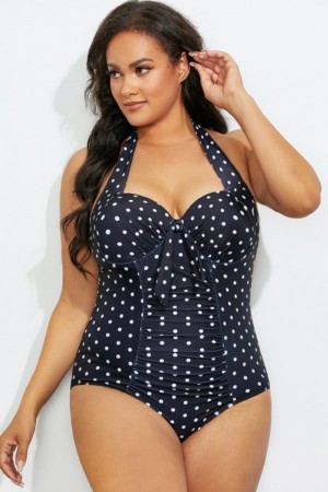 Black Speckle Halter Tie Front One Piece Swimsuit