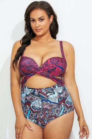 Geometric Twist Front Cut Out OnePiece Swimsuit