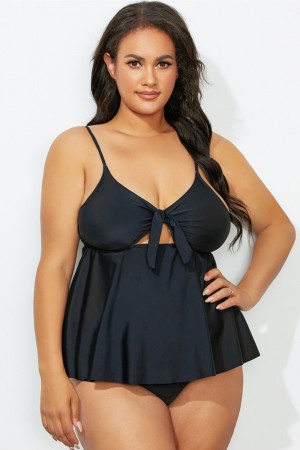Black Cut Out Tie Front Tankini Set