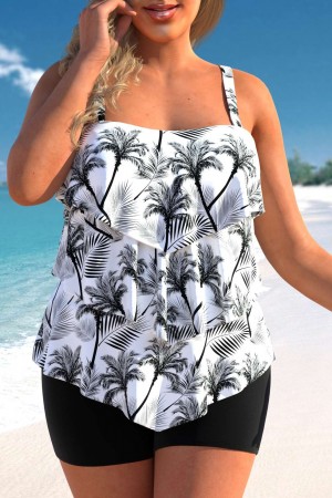 Ruffle Hem Coconut Tree Print Plus Size Tankini