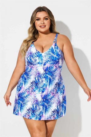Colorful Plants Print Scoop Neck Double Straps Plus Size Swimdress