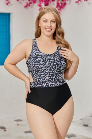 Black Floral Print Scoop Neck OnePiece Swimsuit