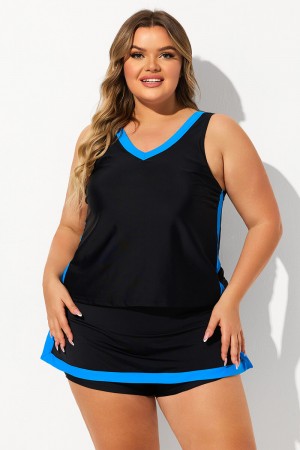 Black Colorblock V Neck Thick Strap Plus Size Tankini Set