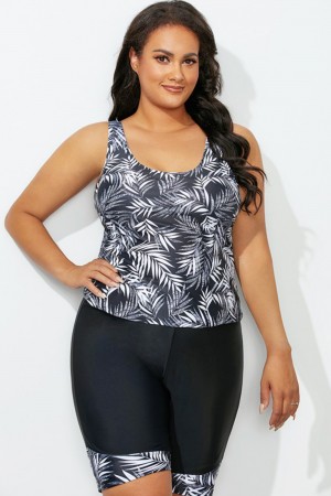 Black Leaf Print Tankini Top With Bike Short