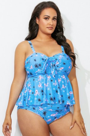 Blue Beach Print Ruffled Tankini Set