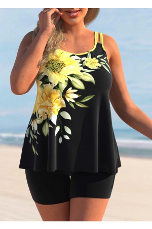 Sunflower Print Plus Size Yellow Tankini Set