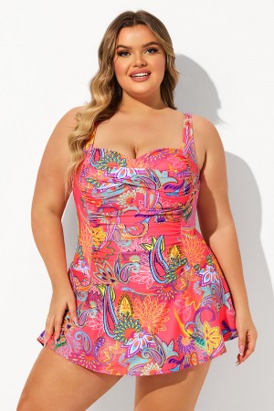 Red Floral Print Sweetheart Neck Adjustable Strap Plus Size Swimdress