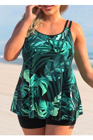 Plus Size Tropical Print Green Tankini Set