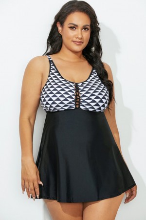 Black Geometric Laceup Swimdress