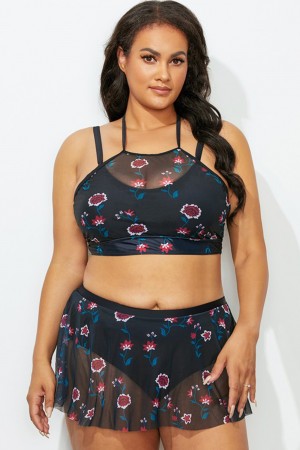Black Floral Mesh High Neck Bikini Set