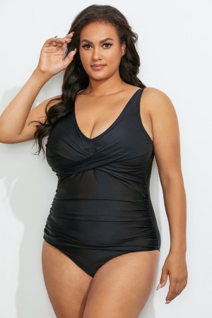 Black Ruched V-Neck One Piece Swimsuit