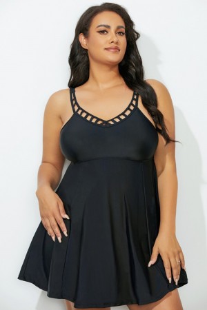 Solid Black Lattice Neck Swimdress