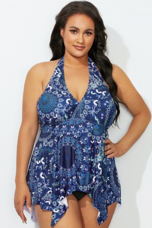 Geometric Handkerchief Hem Halter Tankini Set