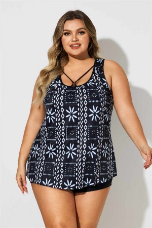 Geometric Print Wide Strap Black Plus Size Tankini Set