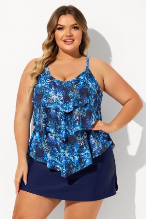 Blue Tiered Hanky Hem Scoop Neck Plus Size Tankini Set
