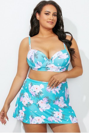 Floral Sweetheart Neckline Bikini Top With Skirt