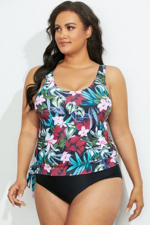 Floral Side Tie Blouson Tankini Top With Short