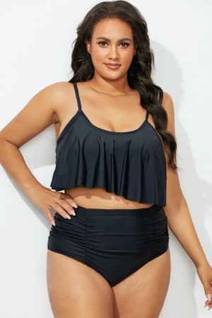 Black Flounce Overlay Scoop Neck Bikini Set