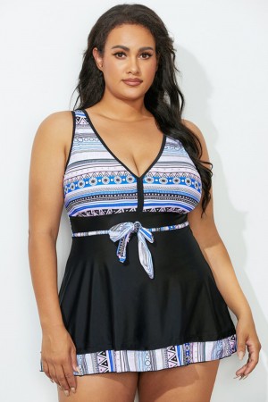 Geometric VNeck Tie Front Swimdress