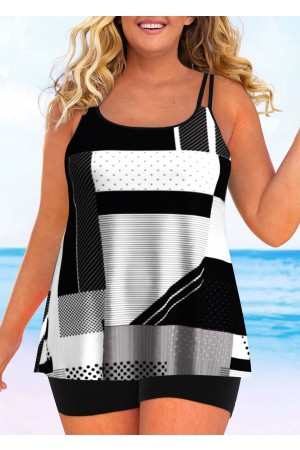 Geometric Print Black Double Straps Tankini set