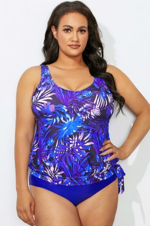 Scoop Neck Side Tie Blouson Tankini Set