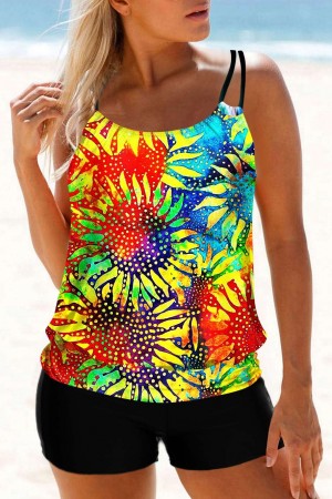 Sunflower and Tie Dye Print Multi Color Tankini