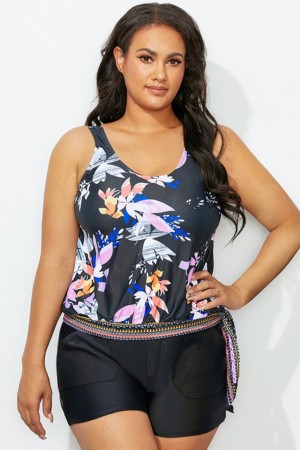 Black Floral Side Tie Blouson Tankini Set