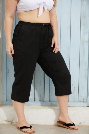 Black Elastic Waistband Pockets Drawstring Long Trousers