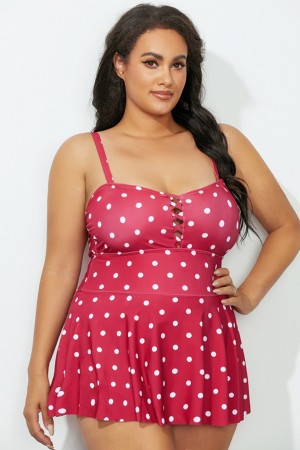 Red Minnie Mouse Dot Lattice Front Peplum OnePiece Swimsuit