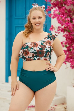 Green Floral Ruffled OneShoulder Bikini Top And HighWaist Ruching Bottom