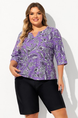 Purple Tropical Floral Print V Neck Half Sleeve Plus Size Tankini Set
