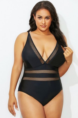 Black Mesh Plunge V-Neck OnePiece Swimsuit