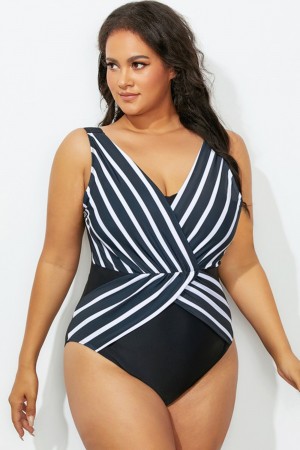 Black Striped V Neck One Piece Swimsuit