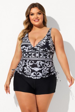 Black Cloudy Pattern V Neck Adjustable Strap Plus Size Tankini Set