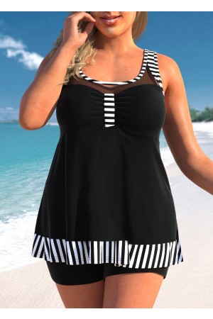 Plus Size Mesh Striped Black Tankini Set