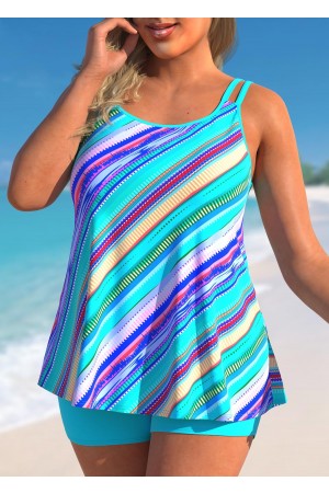 Striped Plus Size Cyan Double Straps Tankini Set