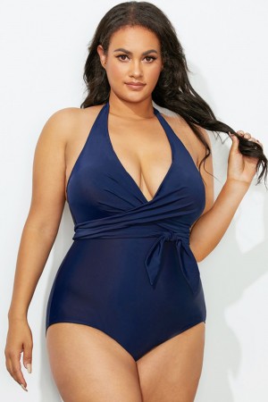 Navy Wrap Halter OnePiece Swimsuit