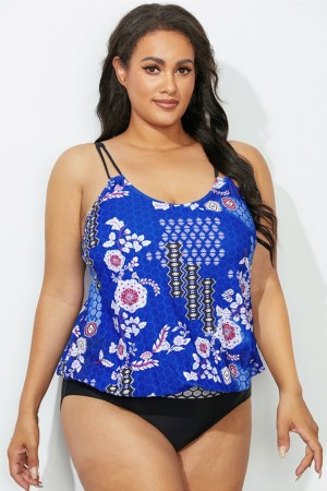Blue Floral Loop Strap Blouson Tankini Set