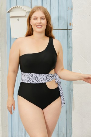 Black One Shoulder OnePiece Swimsuit with leopard Belt
