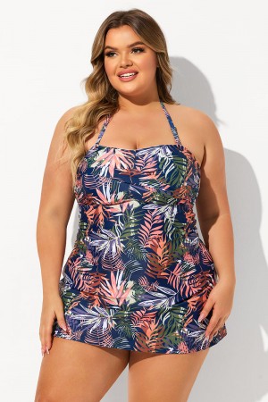 Red Tropical Leaf Print Bandeau Halter Strap Plus Size Swimdress